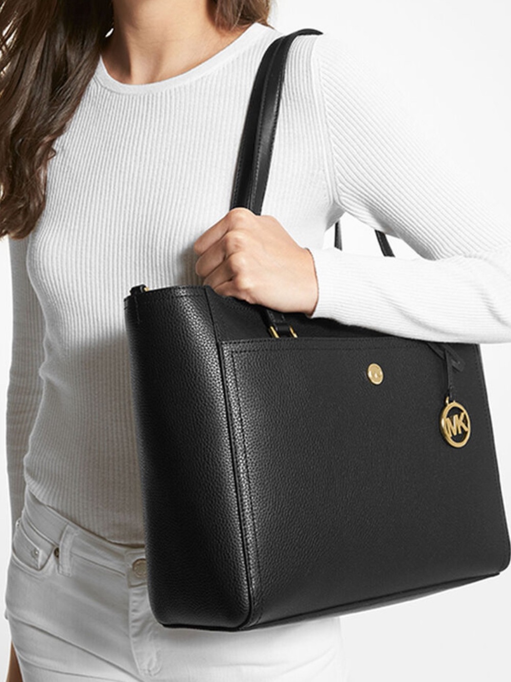 Michael Kors Black Leather Tote with Gold Logo Charm